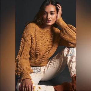 Anthropologie Mustard Cable-Knit Bubble Sleeve Sweater
